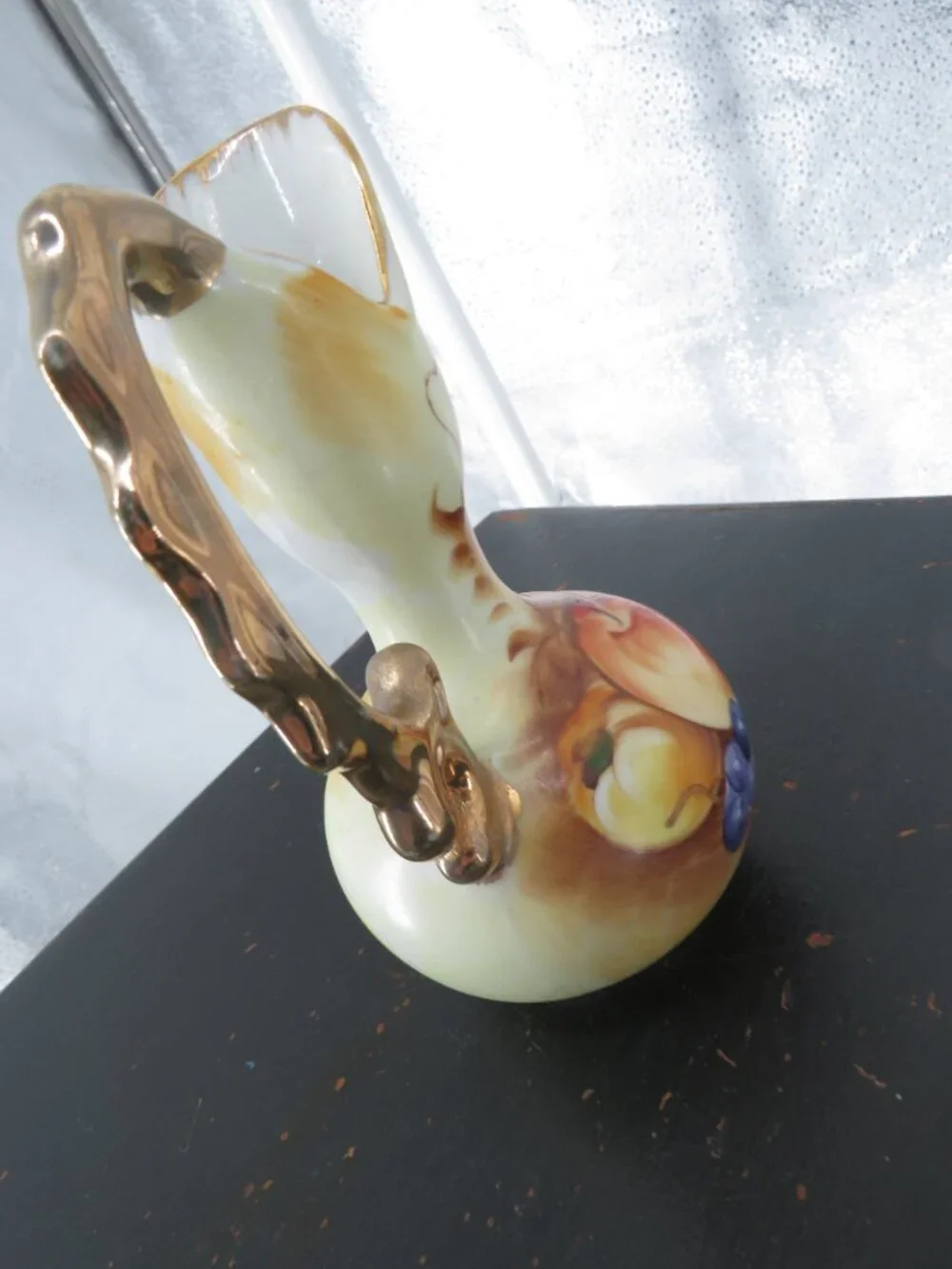 Vintage Hand Painted Porcelain Pitcher Vase Fruit Gold Handle Yellow Small 6 In